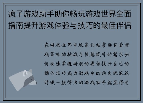 疯子游戏助手助你畅玩游戏世界全面指南提升游戏体验与技巧的最佳伴侣